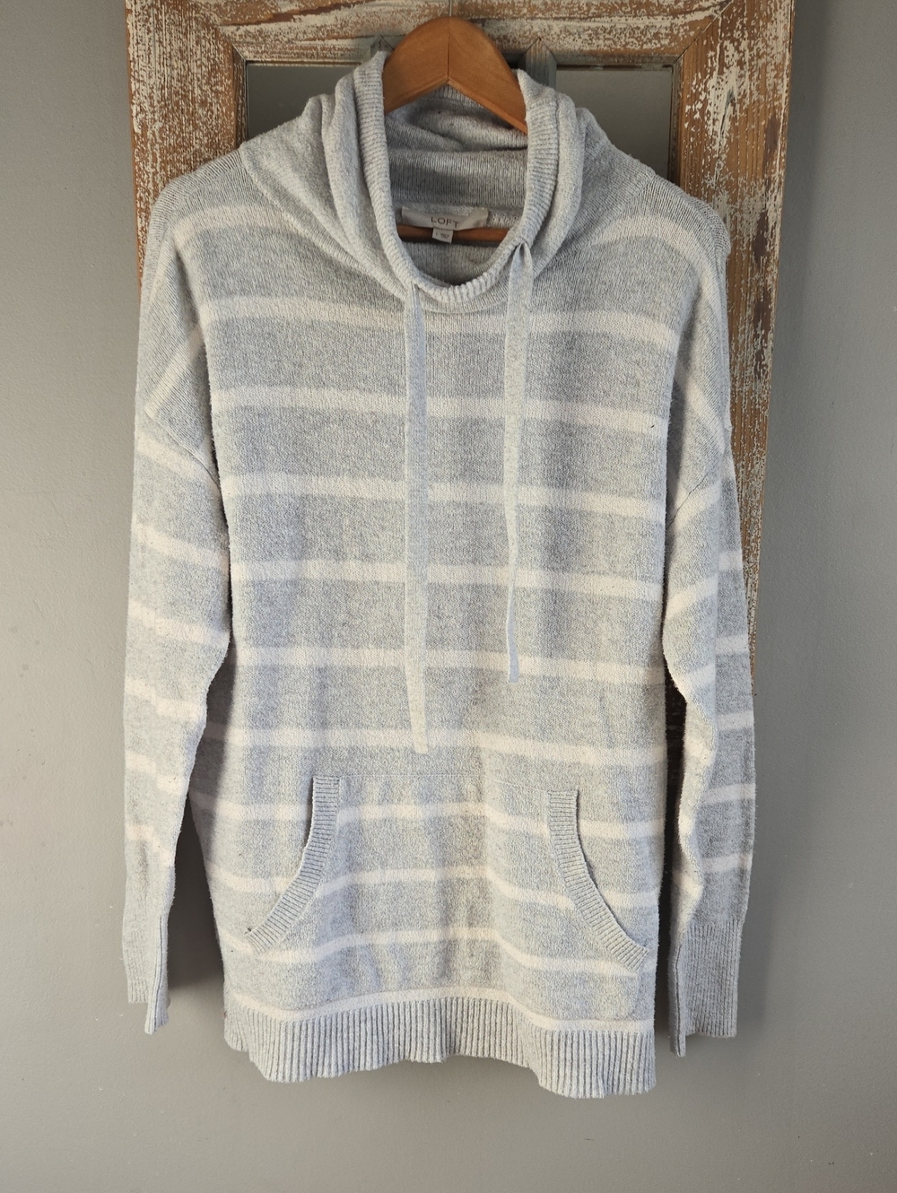 LOFT Light Blue and White Striped Crewneck Hoodie Sweater